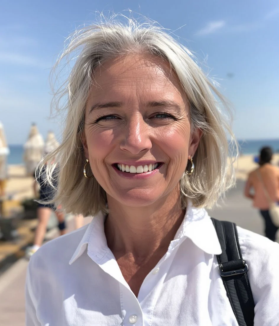 Demo holiday photo of a smiling woman on a beach, before the retouch