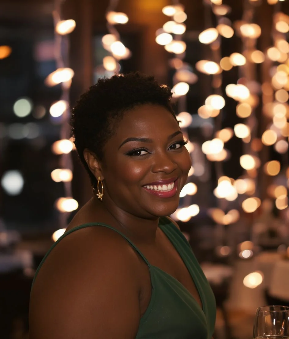 Demo photo of a woman in a green dress under string lights, before the retouch